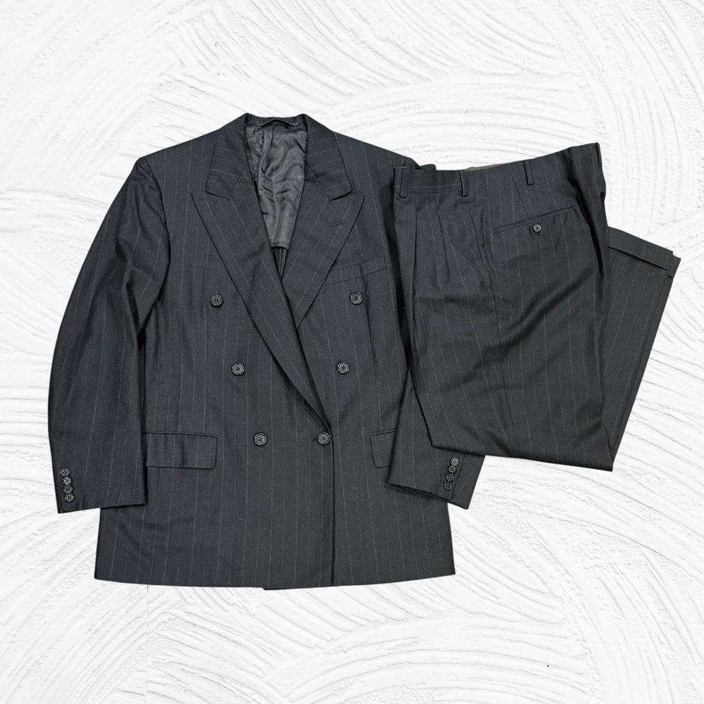 Oxxford Clothes Wool Suit Drk Gray Pinstripe Super 100 44R W35X28 Cuffed Peak DB